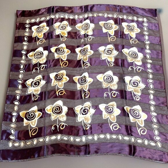 Vintage Satin Stripe Scarf Wrap Wine Floral Sheer Art to Wear 40X40" MOD 70s - Picture 1 of 10